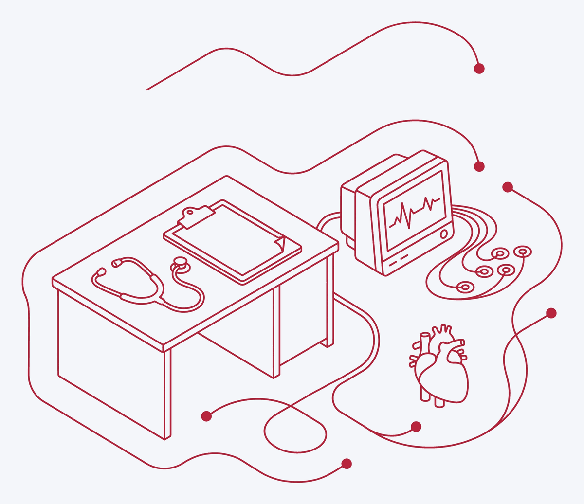 Line illustration of a consulting desk with a stethoscope, clipboard, ECG monitor and anatomical heart